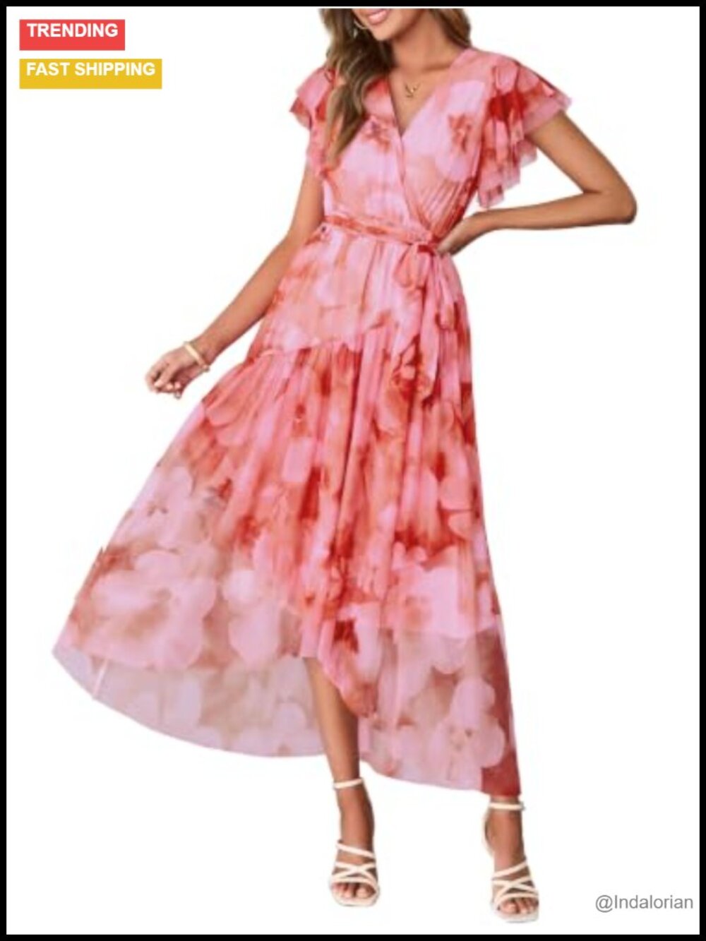 Womens Floral Flowy Boho Maxi Dress Belted V-Neck Beach Wedding Guest